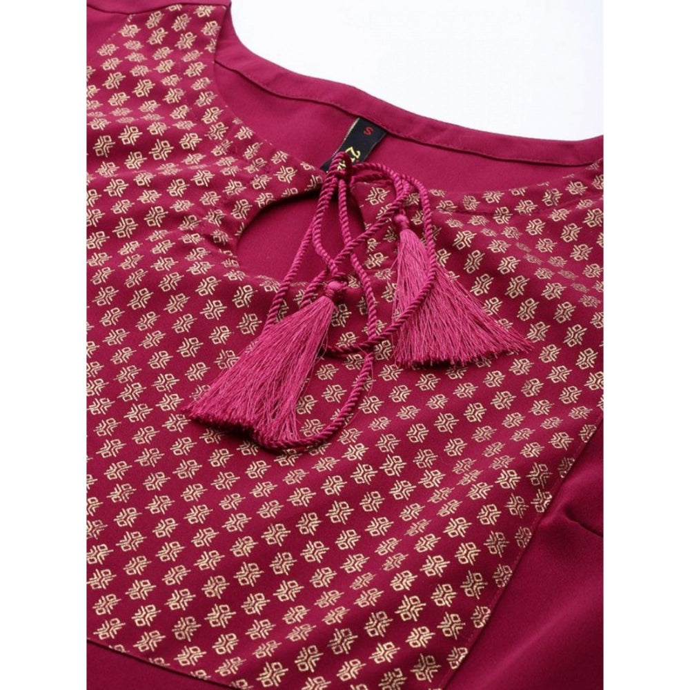 Amfyn Women's Casual Full Sleeve Ethnic Motifs Crepe Kurti and Palazzo Set (Dark Pink)