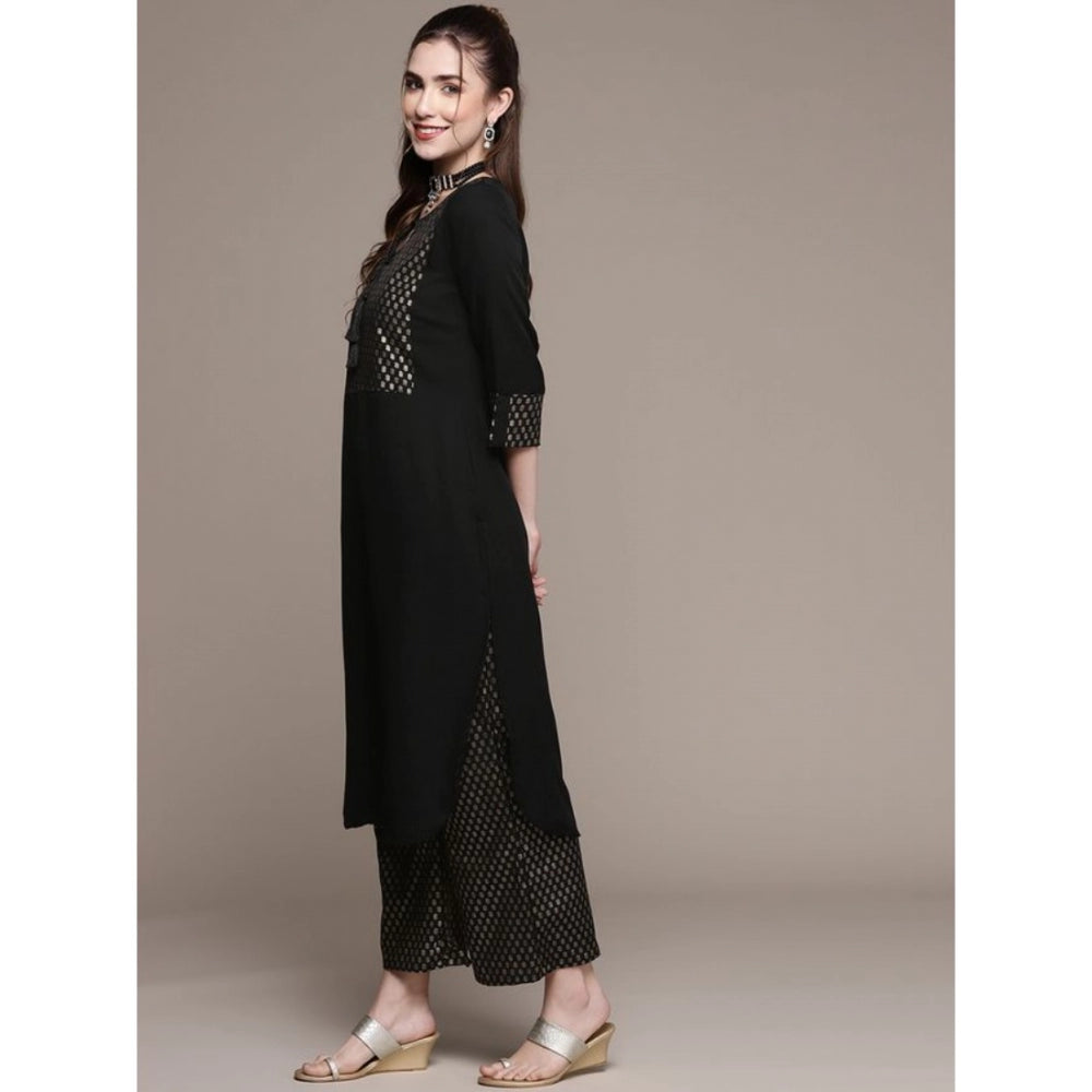 Amfyn Women's Casual Full Sleeve Ethnic Motifs Crepe Kurti and Palazzo Set (Black)