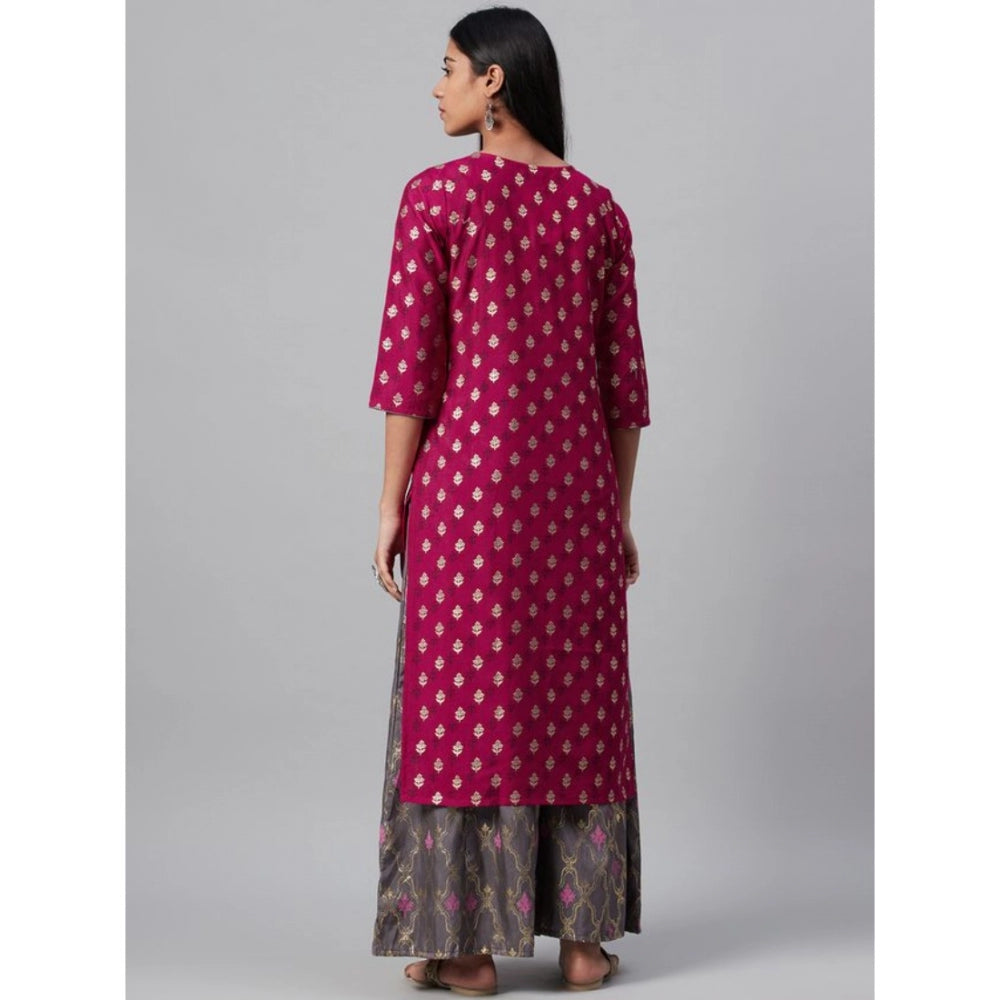 Amfyn Women's Casual 3-4Th Sleeve Floral Printed Poly Silk Kurti And Palazzo Set (Pink)