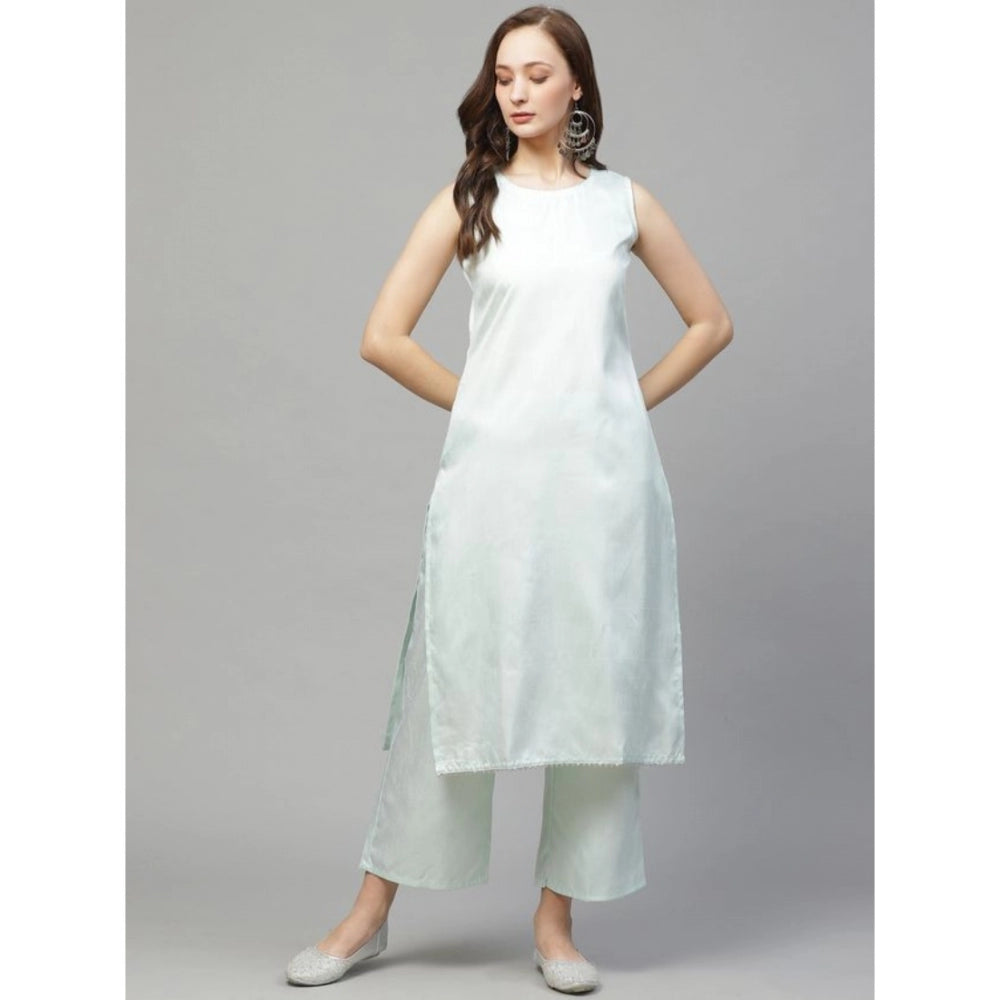 Amfyn Women's Casual Sleeveless Abstract Poly Silk Kurti and Palazzo Set (Mint Green)