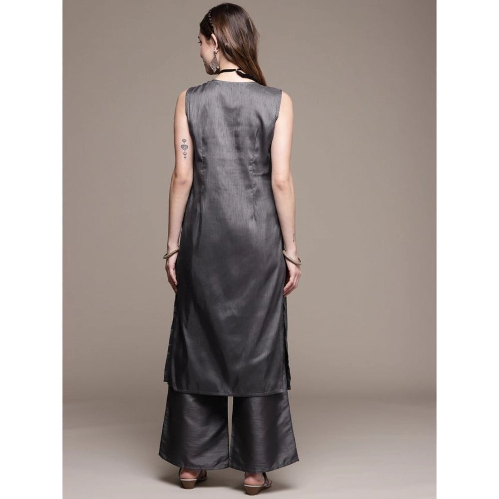 Amfyn Women's Casual Sleeveless Floral Printed Poly Silk Kurti and Palazzo Set (Dark Grey)