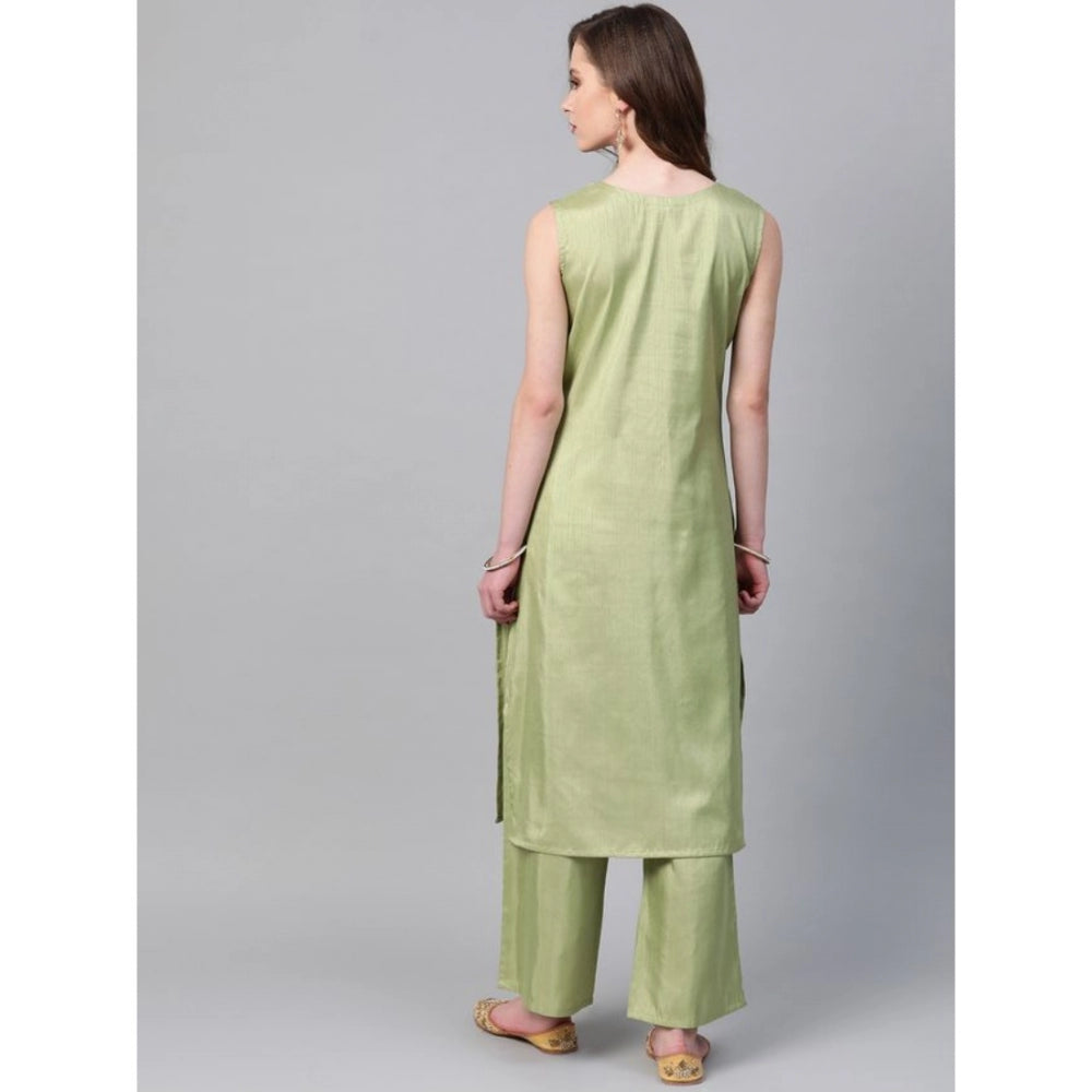 Amfyn Women's Casual Sleeveless Floral Printed Poly Silk Kurti and Palazzo Set (Green)