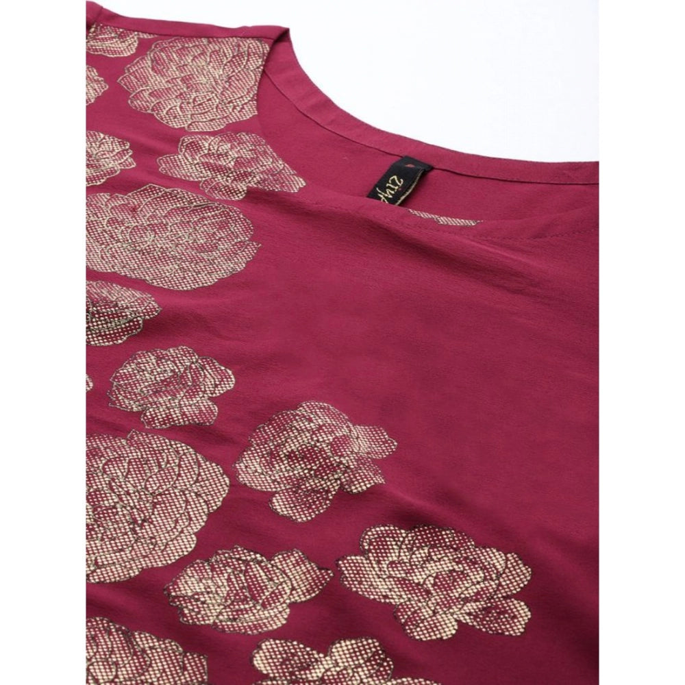 Amfyn Women's Casual 3-4Th Sleeve Floral Printed Crepe Kurti And Palazzo Set (Dark Pink)