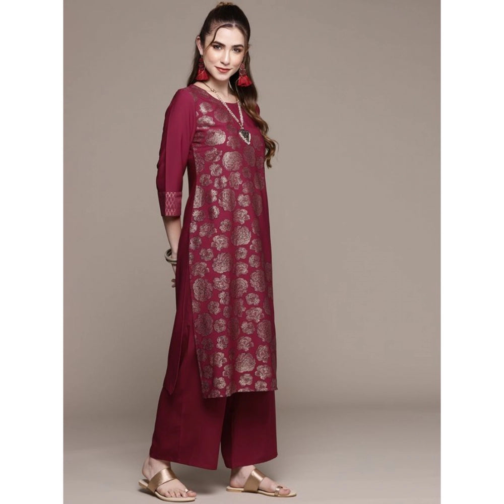 Amfyn Women's Casual 3-4Th Sleeve Floral Printed Crepe Kurti And Palazzo Set (Dark Pink)