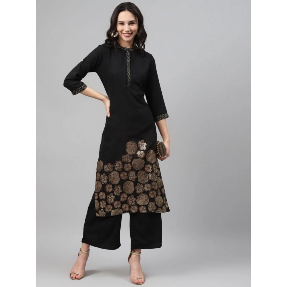 Amfyn Women's Casual 3-4Th Sleeve Ethnic Motifs Crepe Kurti And Palazzo Set (Black)