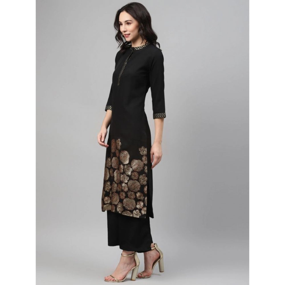 Amfyn Women's Casual 3-4Th Sleeve Ethnic Motifs Crepe Kurti And Palazzo Set (Black)