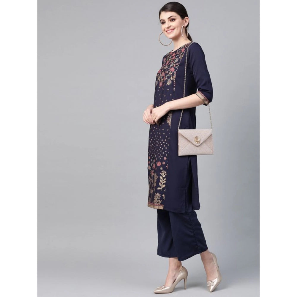 Amfyn Women's Casual 3-4Th Sleeve Floral Printed Crepe Kurti And Palazzo Set (Navy Blue)