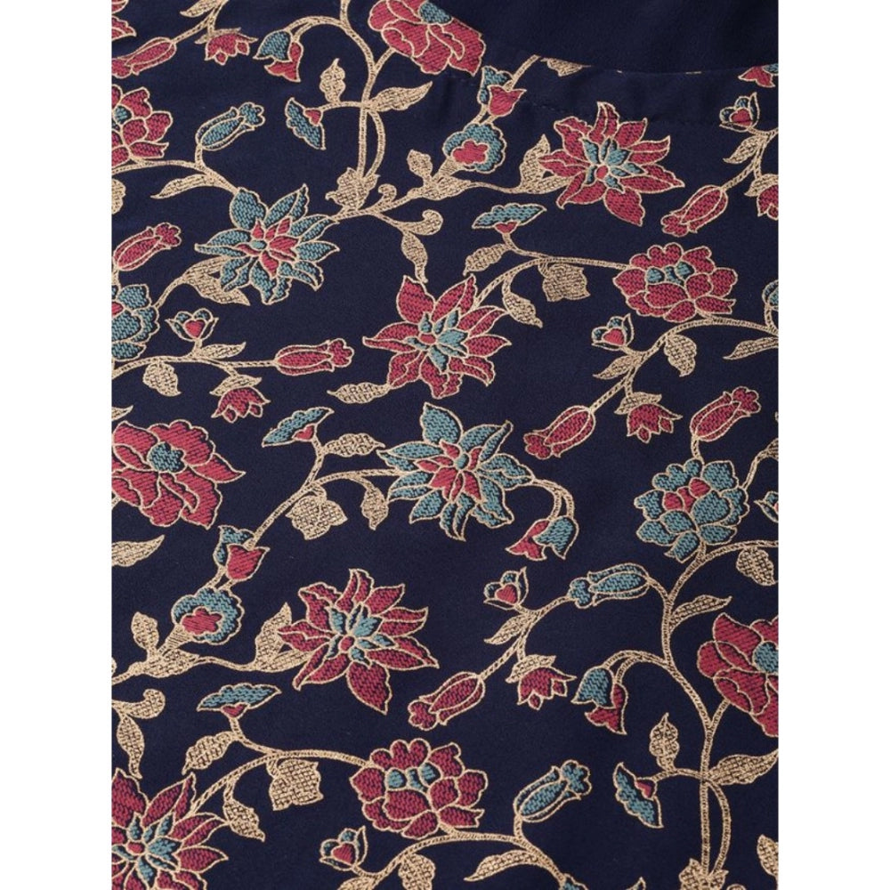 Amfyn Women's Casual 3-4Th Sleeve Floral Printed Crepe Kurti And Palazzo Set (Navy Blue)