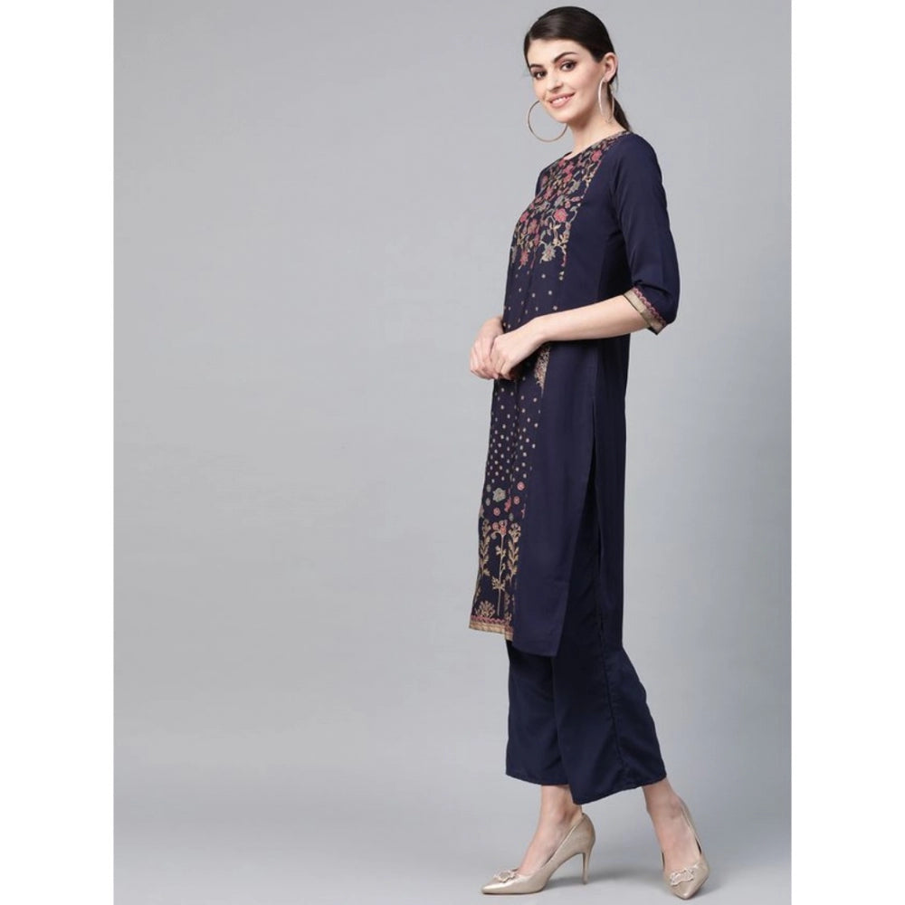 Amfyn Women's Casual 3-4Th Sleeve Floral Printed Crepe Kurti And Palazzo Set (Navy Blue)