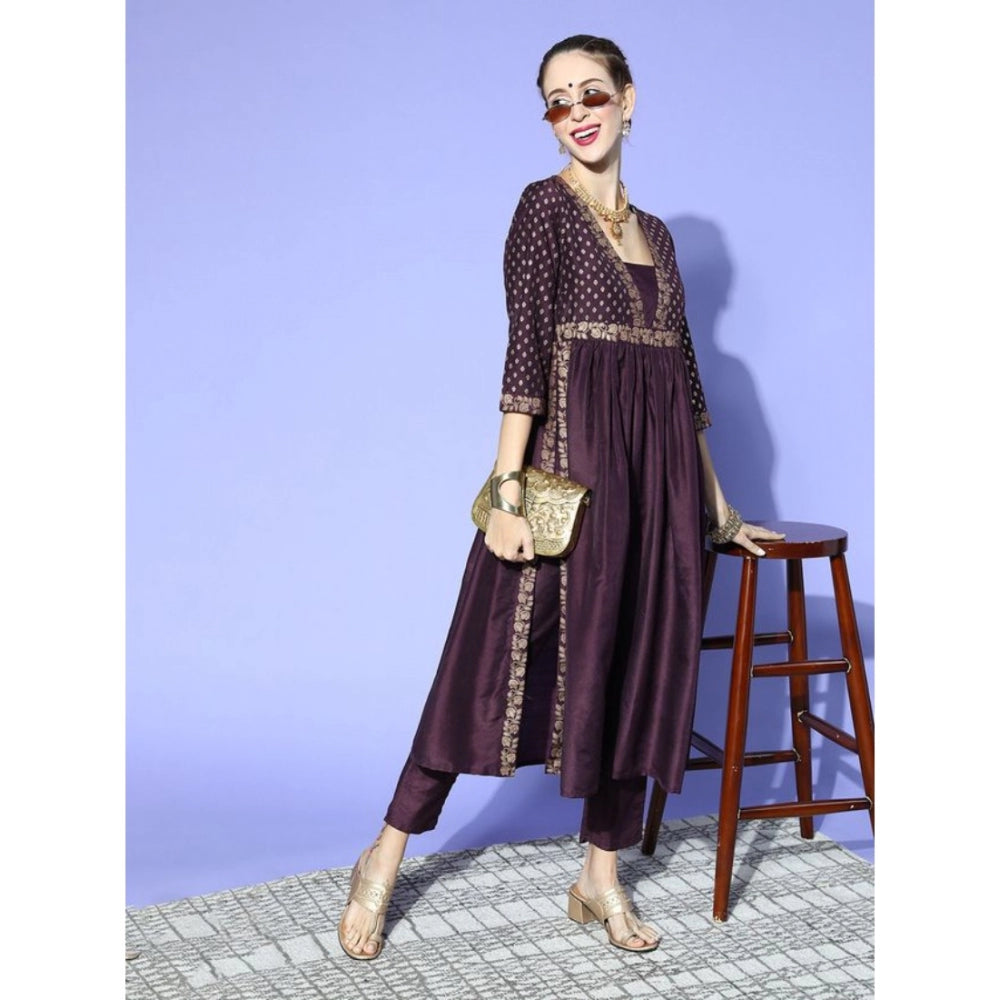Amfyn Women's Casual 3-4Th Sleeve Floral Printed Chinon Kurti And Pant Set (Wine &amp; Purple)
