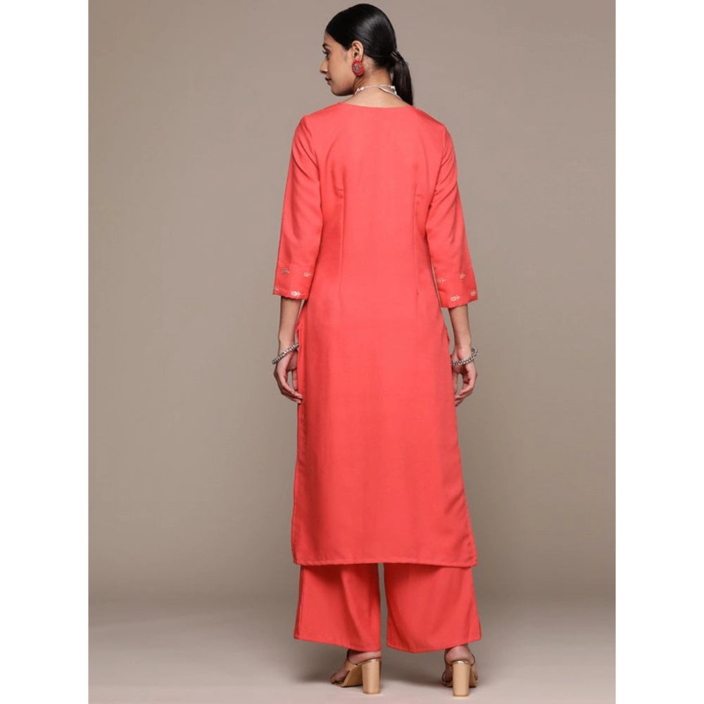 Amfyn Women's Casual 3-4Th Sleeve Floral Printed Rayon Kurti and Palazzo Set (Orange)
