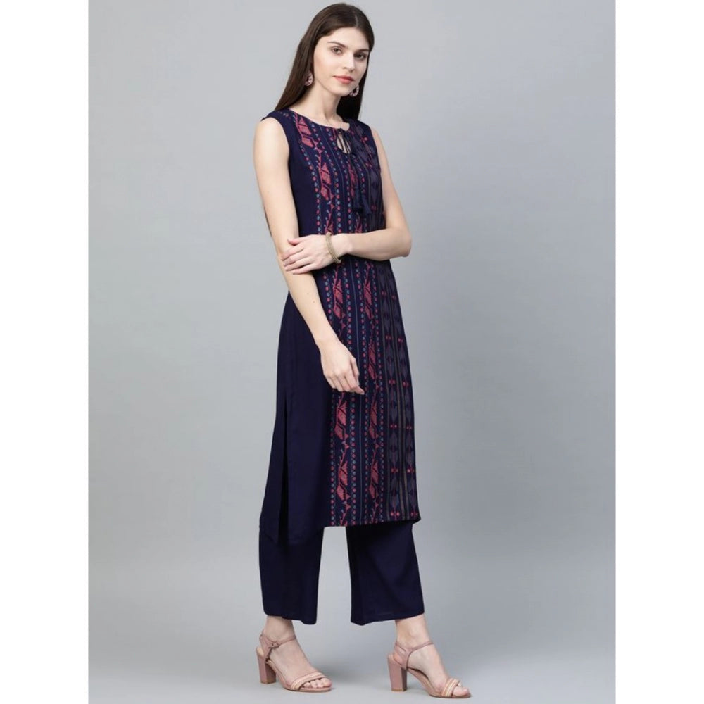 Amfyn Women's Casual Sleeveless Ikkat Rayon Kurti and Palazzo Set (Navy Blue)
