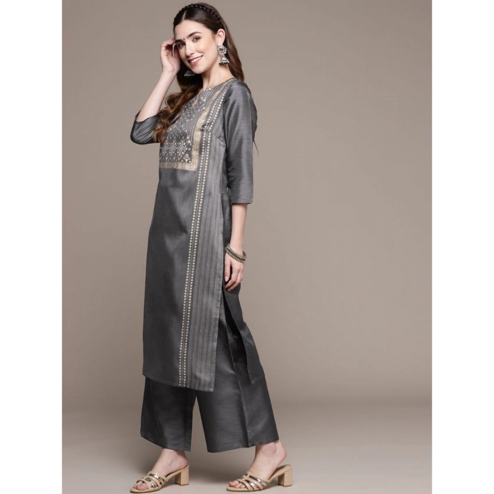 Amfyn Women's Casual 3-4Th Sleeve Ethnic Motifs Poly Silk Kurti And Palazzo Set (Dark Grey)