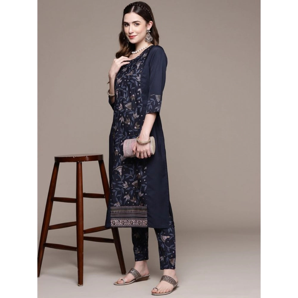 Amfyn Women's Casual 3-4Th Sleeve Floral Printed Crepe Kurti and Pant Set (Navy Blue)