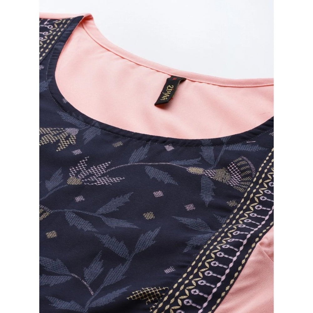 Amfyn Women's Casual 3-4Th Sleeve Floral Printed Crepe Kurti and Pant Set (Light Pink)