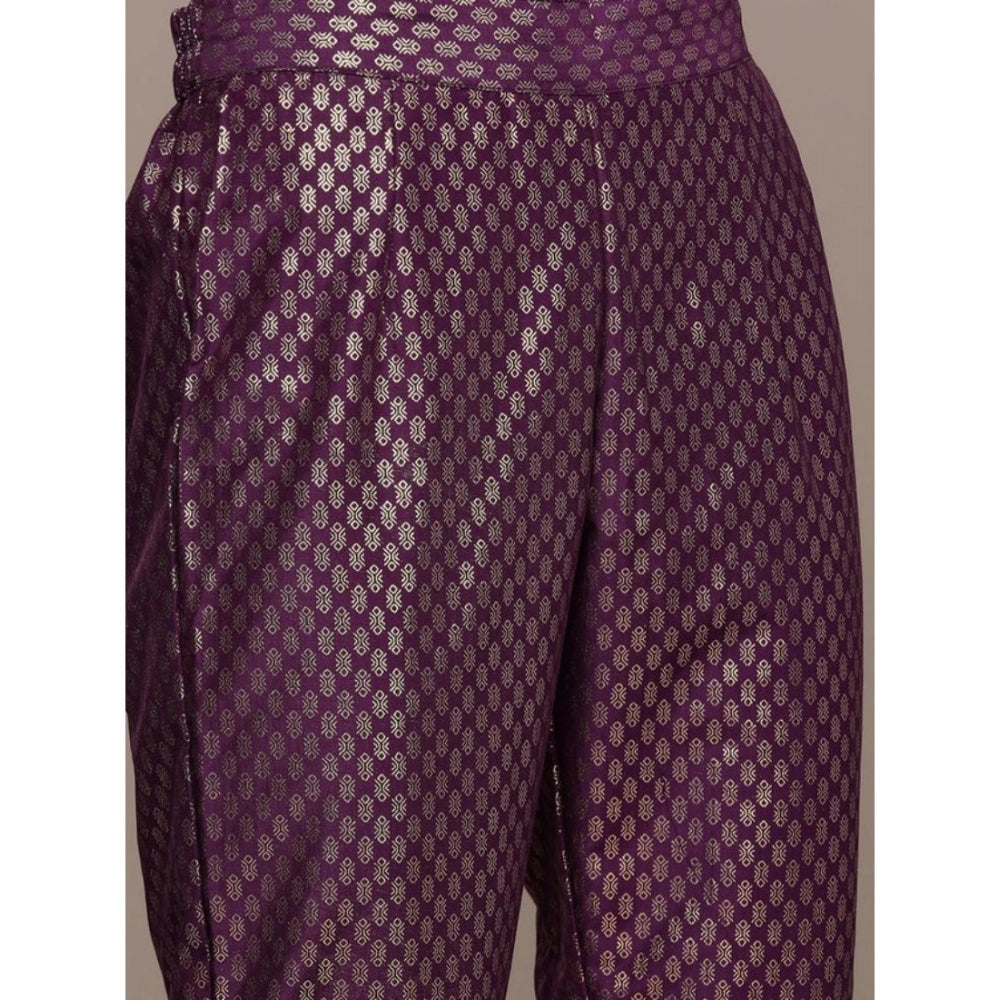 Amfyn Women's Casual 3-4Th Sleeve Floral Printed Chinon Kurti and Pant Set (Purple)