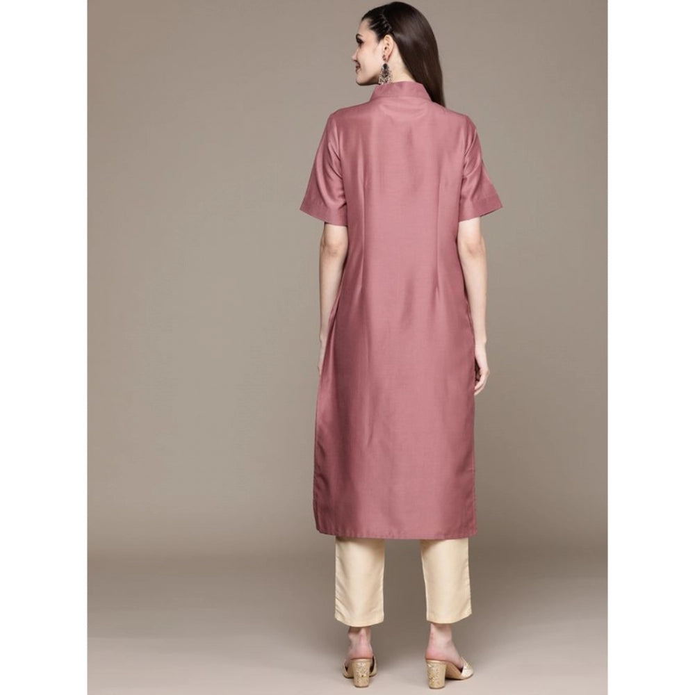 Amfyn Women's Casual Half Sleeve Solid Chinon Kurti And Pant Set (Brown)