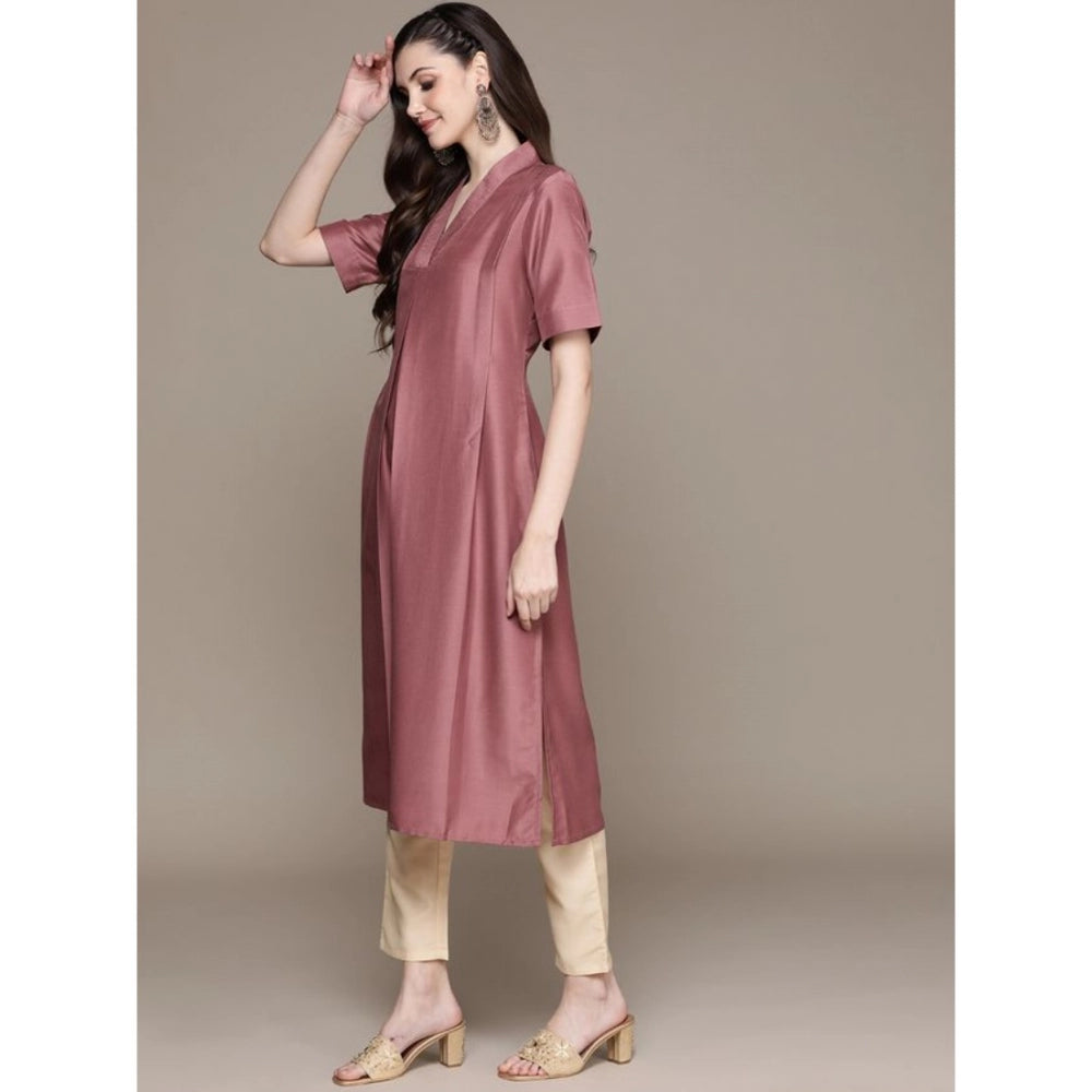 Amfyn Women's Casual Half Sleeve Solid Chinon Kurti And Pant Set (Brown)