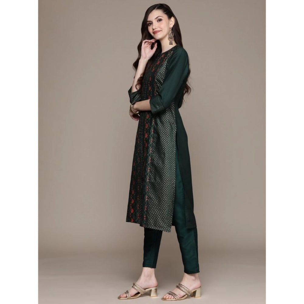 Amfyn Women's Casual 3-4Th Sleeve Traditional Crepe Kurti And Pant Set (Green)