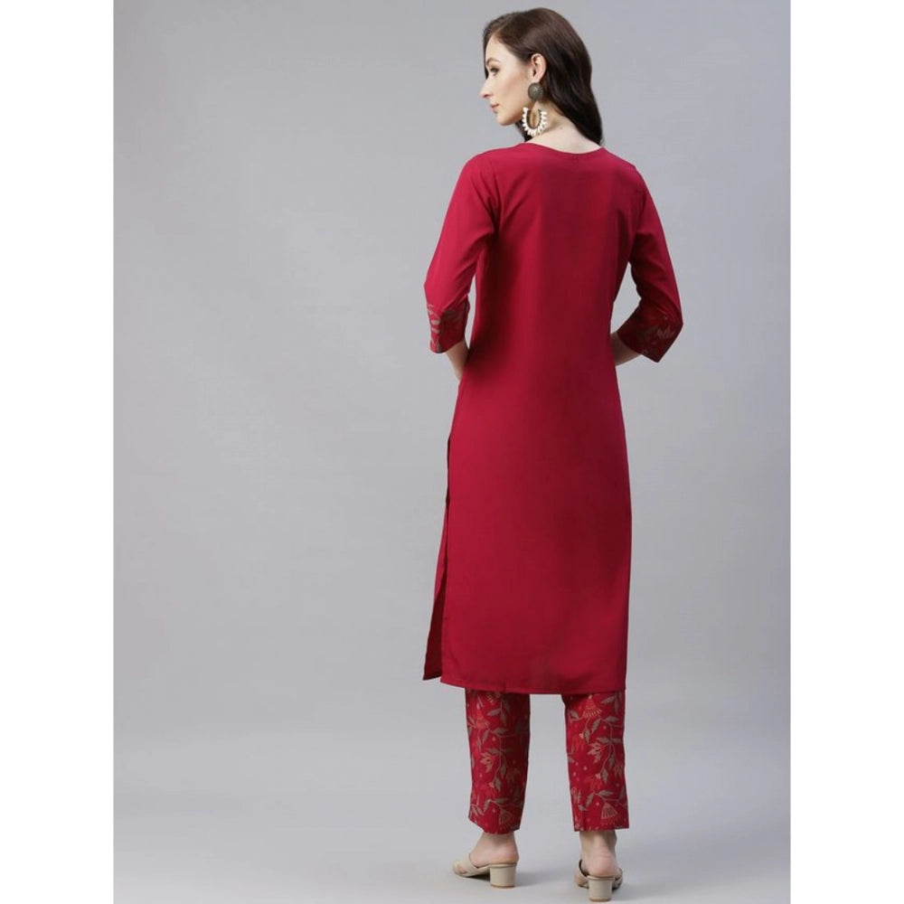Amfyn Women's Casual 3-4Th Sleeve Floral Printed Crepe Kurti And Pant Set (Maroon)