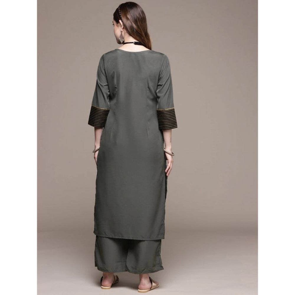 Amfyn Women's Casual 3-4Th Sleeve Stripes Crepe Kurti and Pant Set (Dark Grey)