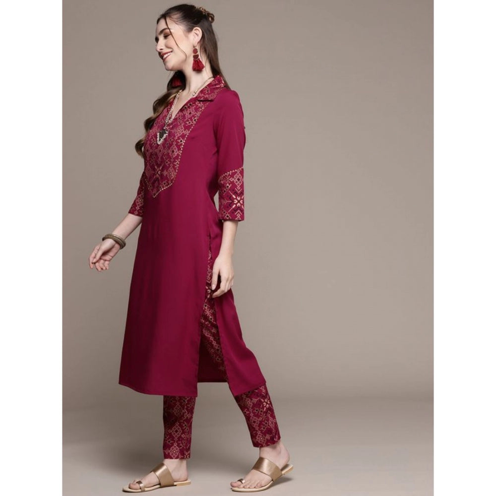 Amfyn Women's Casual 3-4Th Sleeve Geometric Crepe Kurti and Pant Set (Maroon)