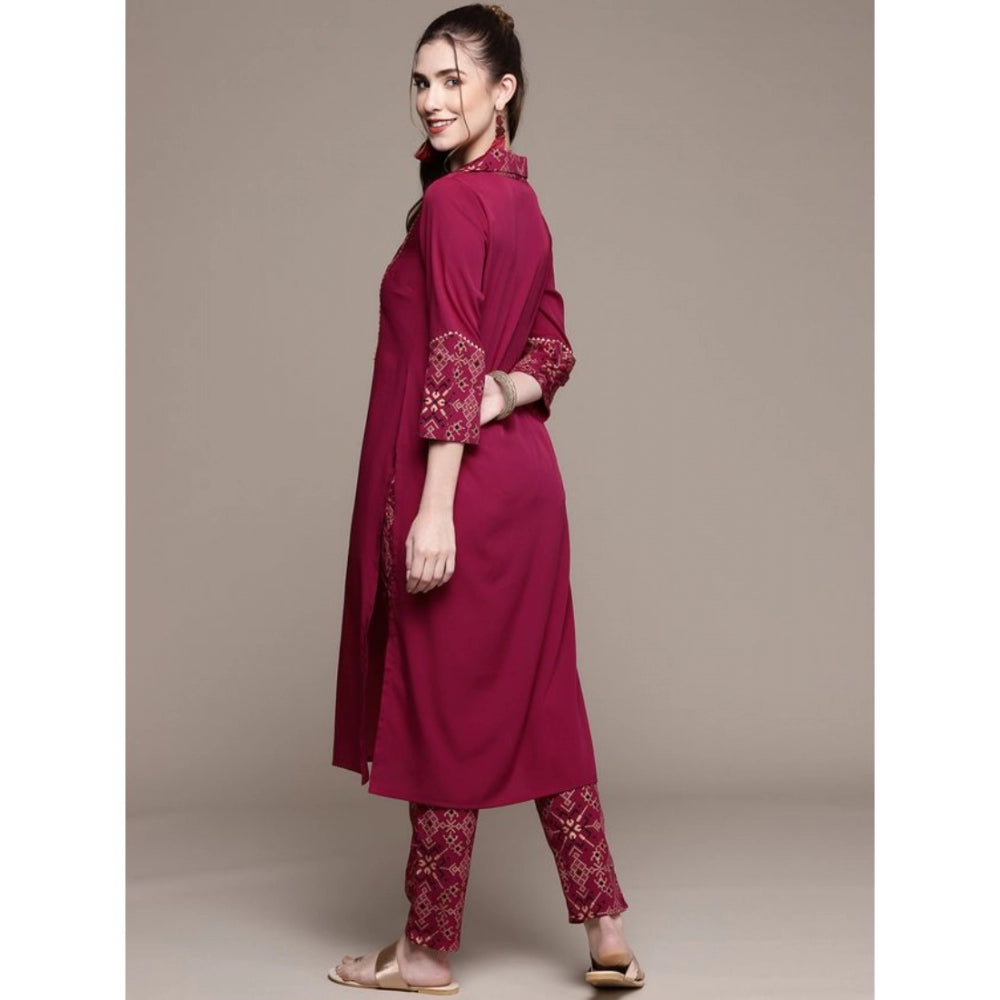 Amfyn Women's Casual 3-4Th Sleeve Geometric Crepe Kurti and Pant Set (Maroon)