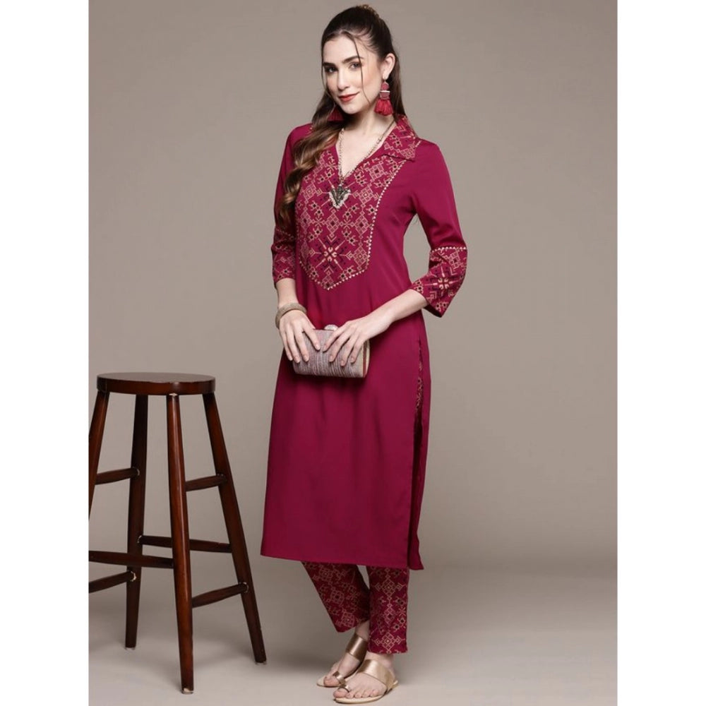 Amfyn Women's Casual 3-4Th Sleeve Geometric Crepe Kurti and Pant Set (Maroon)