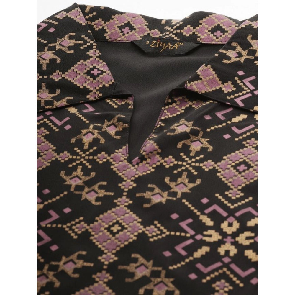 Amfyn Women's Casual 3-4Th Sleeve Geometric Crepe Kurti and Pant Set (Black)