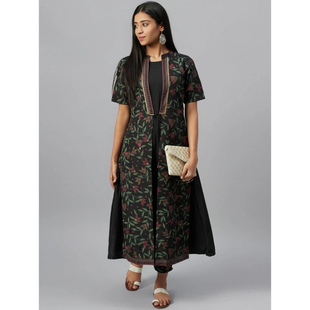 Amfyn Women's Casual 3-4Th Sleeve Floral Printed Crepe Kurti and Pant Set (Black)