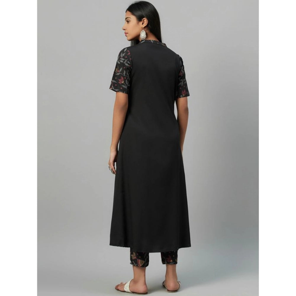 Amfyn Women's Casual 3-4Th Sleeve Floral Printed Crepe Kurti and Pant Set (Black)