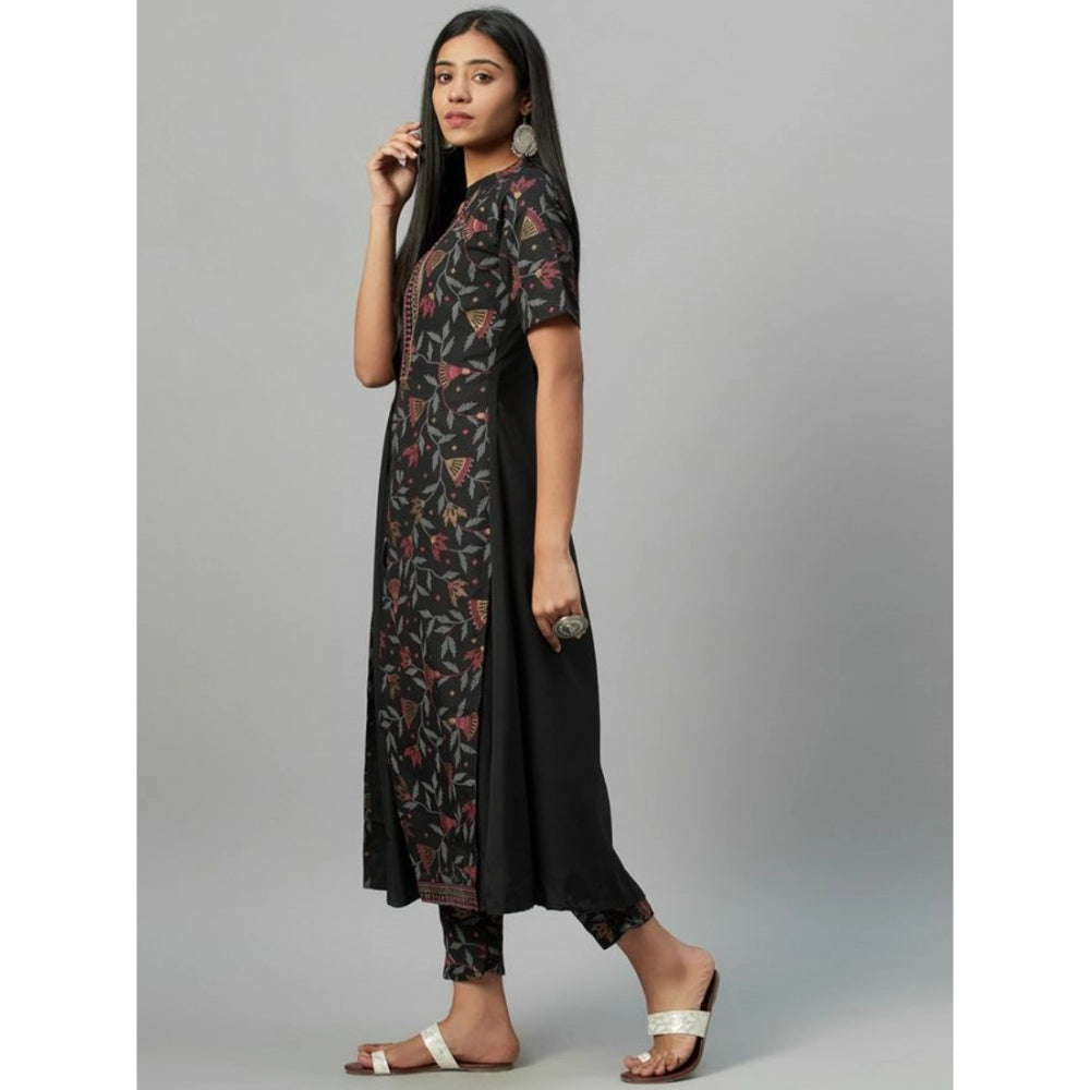 Amfyn Women's Casual 3-4Th Sleeve Floral Printed Crepe Kurti and Pant Set (Black)