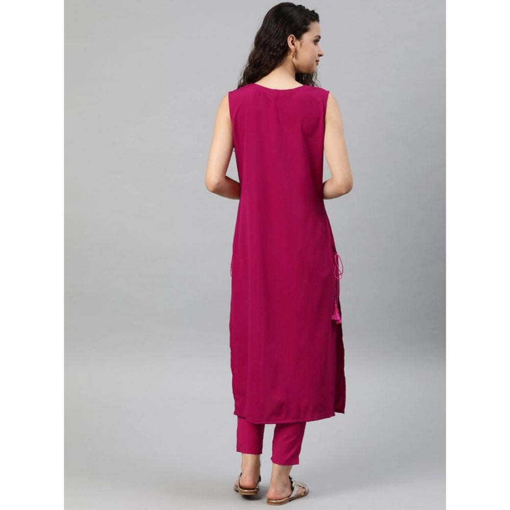 Amfyn Women's Casual sleeveless Tribal Crepe Kurti and Pant Set (Pink)