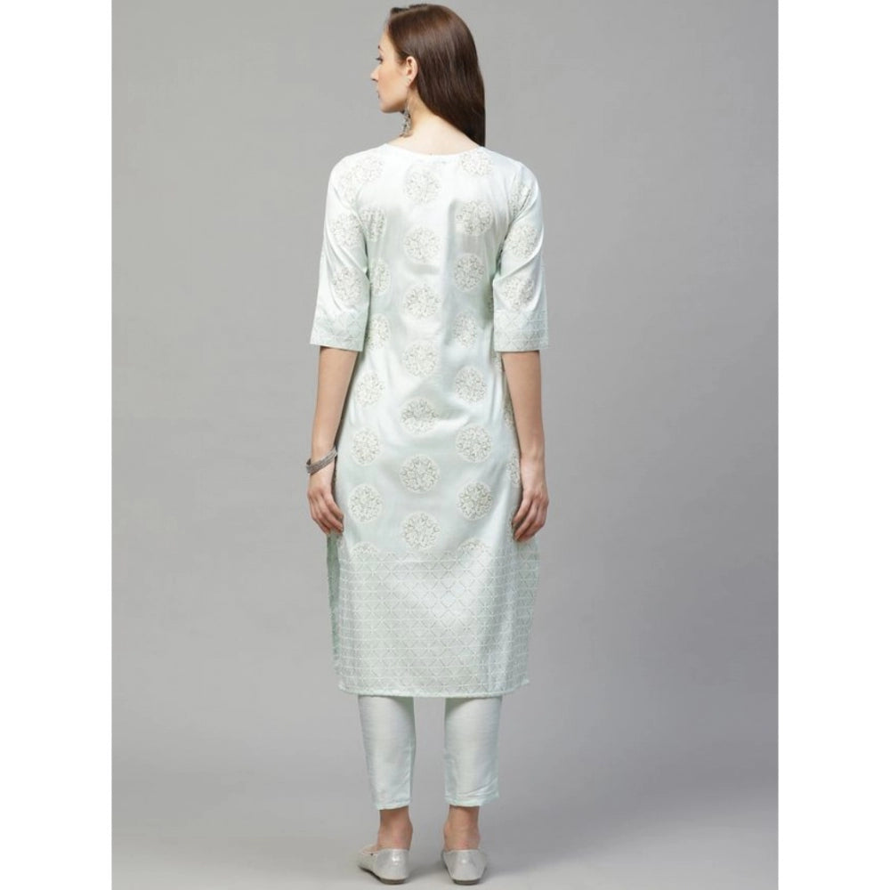 Amfyn Women's Casual 3-4Th Sleeve Floral Printed Poly Silk Kurti and Pant Set (Green)