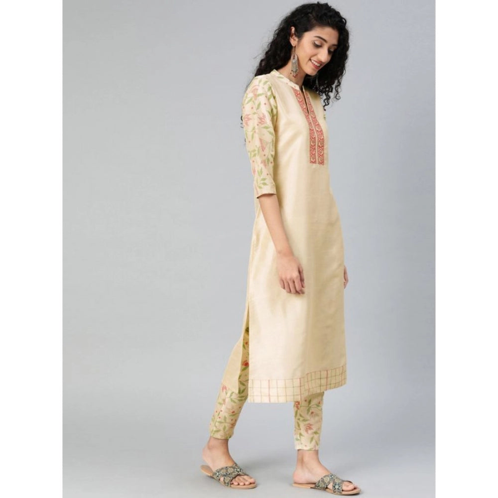 Amfyn Women's Casual 3-4Th Sleeve Solid Poly Silk Kurti and Pant Set (Cream)