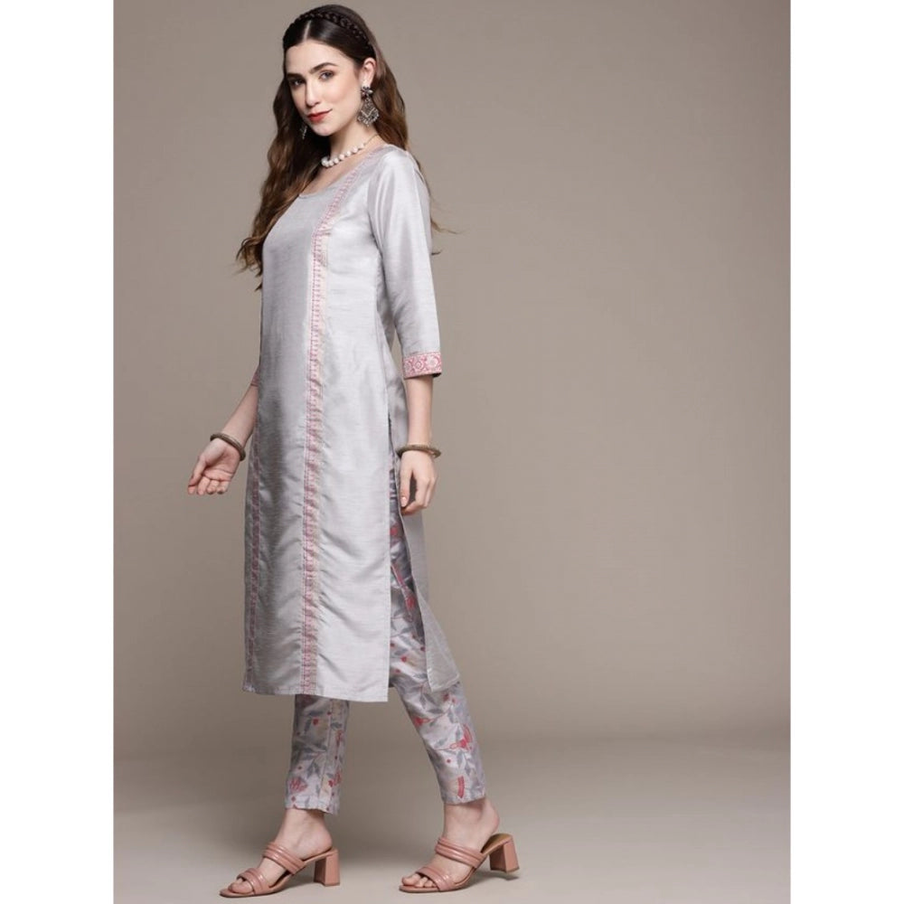 Amfyn Women's Casual 3-4Th Sleeve Geometric Poly Silk Kurti and Pant Set (Light Grey)
