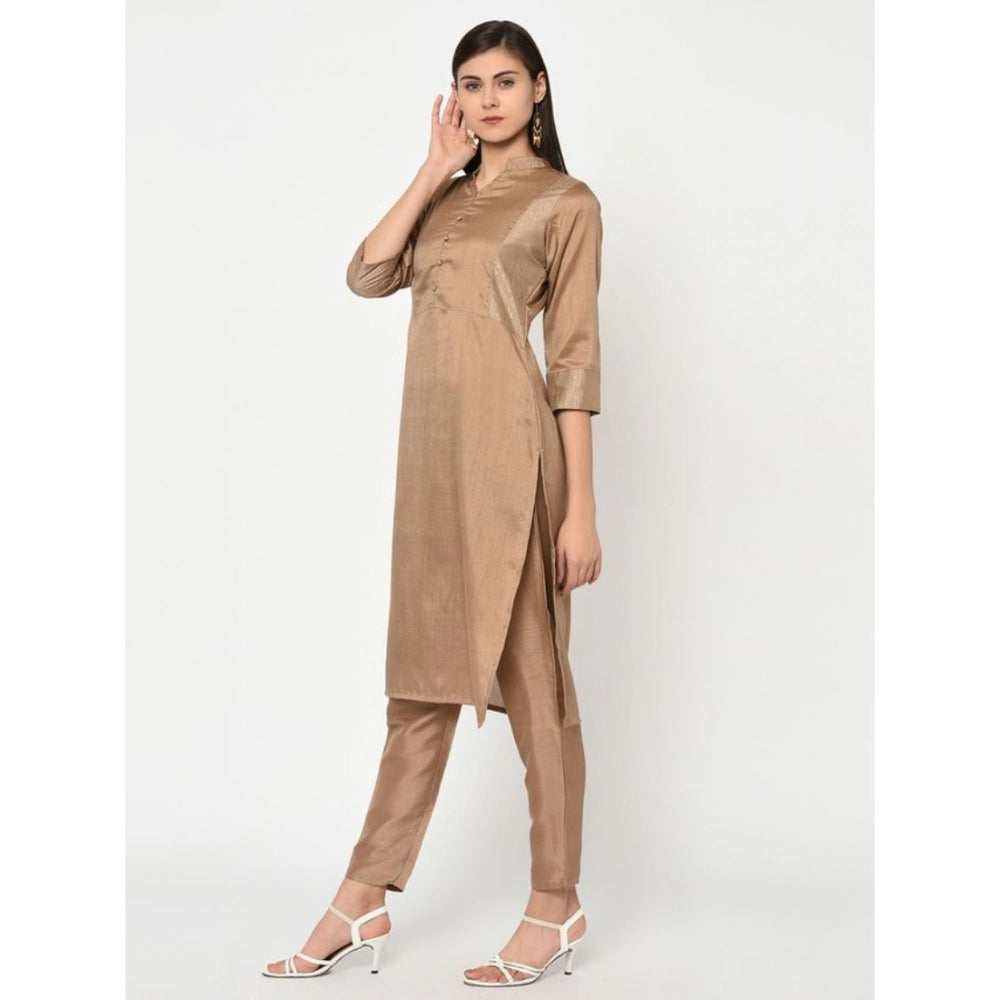 Amfyn Women's Casual 3-4Th Sleeve Solid Poly Silk Kurti and Pant Set (Brown)