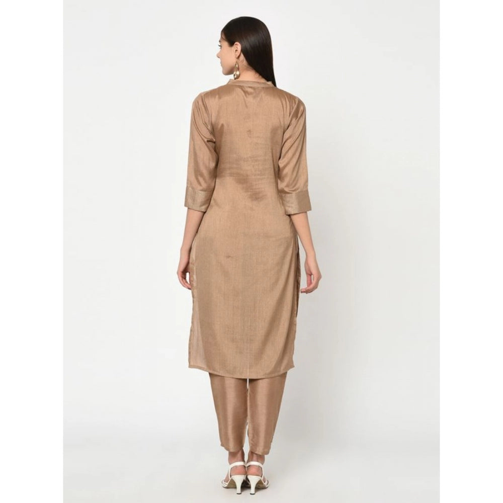 Amfyn Women's Casual 3-4Th Sleeve Solid Poly Silk Kurti and Pant Set (Brown)