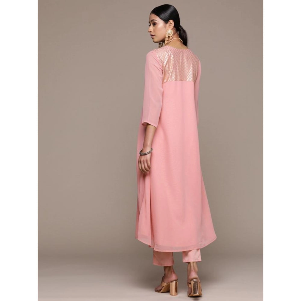 Amfyn Women's Casual 3-4Th Sleeve Geometric Georgette &amp; Crepe Kurti and Pant Set (Pink)