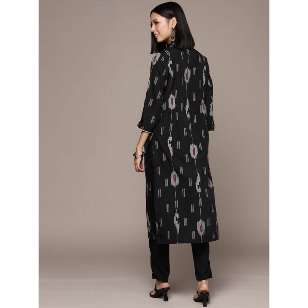 Amfyn Women's Casual 3-4Th Sleeve Ikkat Crepe Kurti And Pant Set (Black)