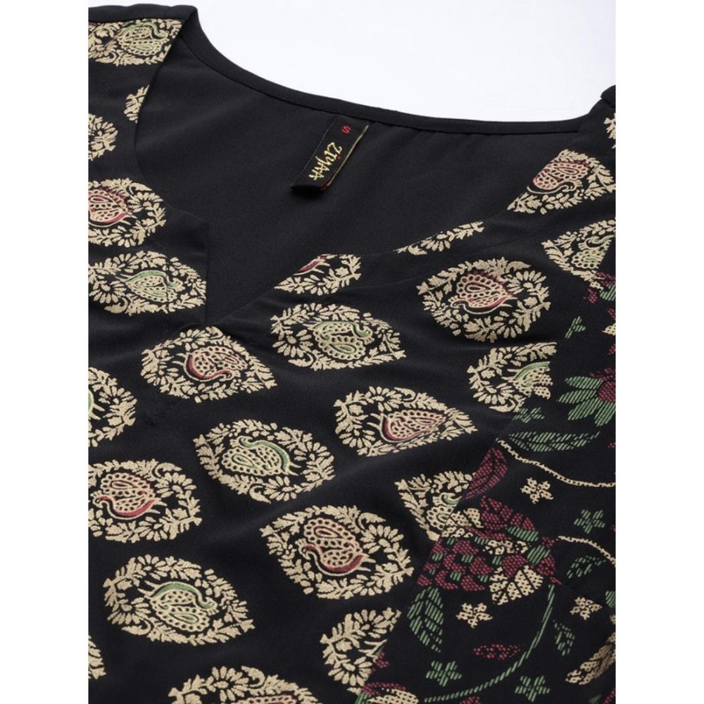 Amfyn Women's Casual 3-4Th Sleeve Ethnic Motifs Crepe Kurti And Pant Set (Black)