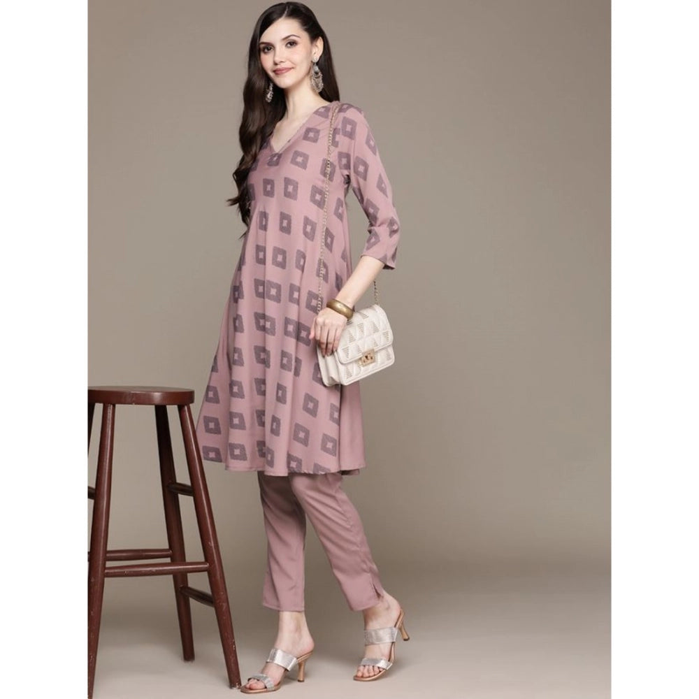 Amfyn Women's Casual 3-4Th Sleeve Ikkat Crepe Kurti And Pant Set (Brown)