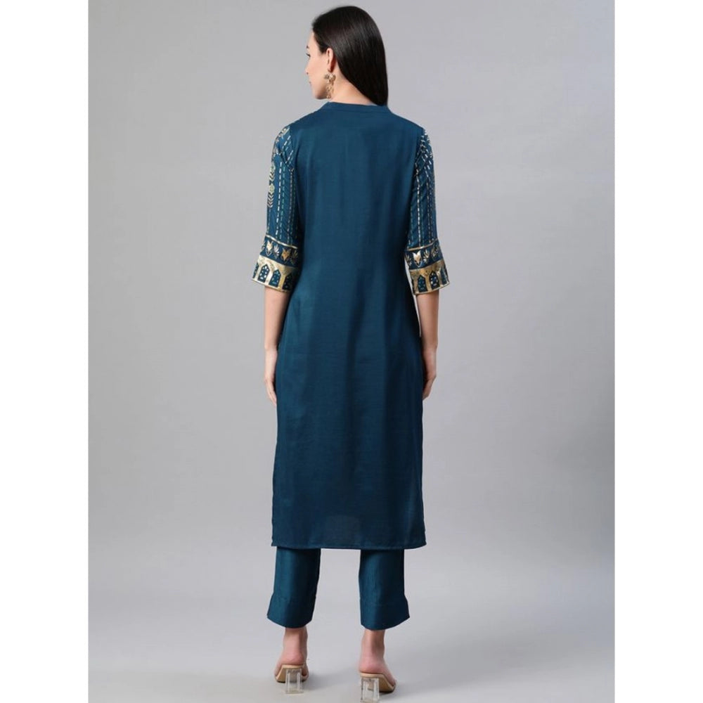 Amfyn Women's Casual 3-4Th Sleeve Floral Printed Rayon Kurti And Pant Set (Teal)