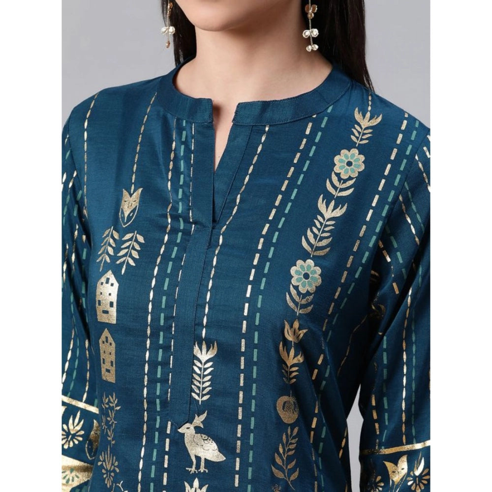 Amfyn Women's Casual 3-4Th Sleeve Floral Printed Rayon Kurti And Pant Set (Teal)