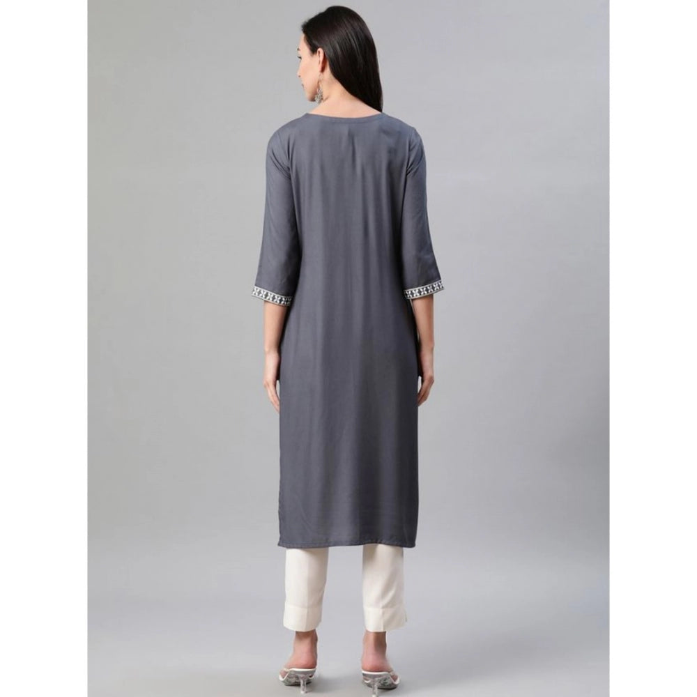 Amfyn Women's Casual 3-4Th Sleeve Floral Printed Rayon Kurti And Pant Set (Grey)