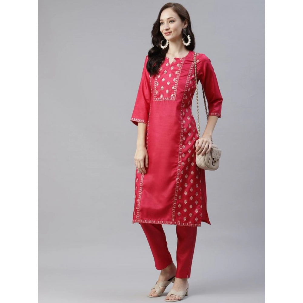 Amfyn Women's Casual 3-4Th Sleeve Floral Printed Poly Silk Kurti And Pant Set (Pink)