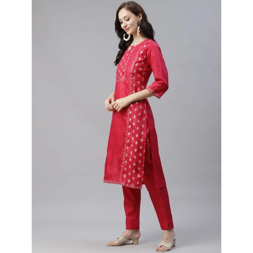 Amfyn Women's Casual 3-4Th Sleeve Floral Printed Poly Silk Kurti And Pant Set (Pink)