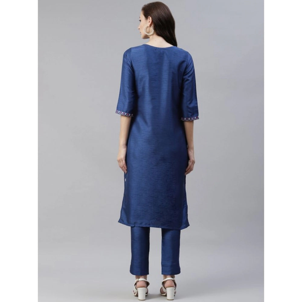 Amfyn Women's Casual 3-4Th Sleeve Floral Printed Poly Silk Kurti And Pant Set (Blue)