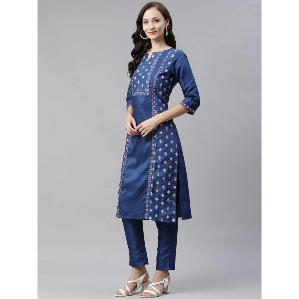 Amfyn Women's Casual 3-4Th Sleeve Floral Printed Poly Silk Kurti And Pant Set (Blue)