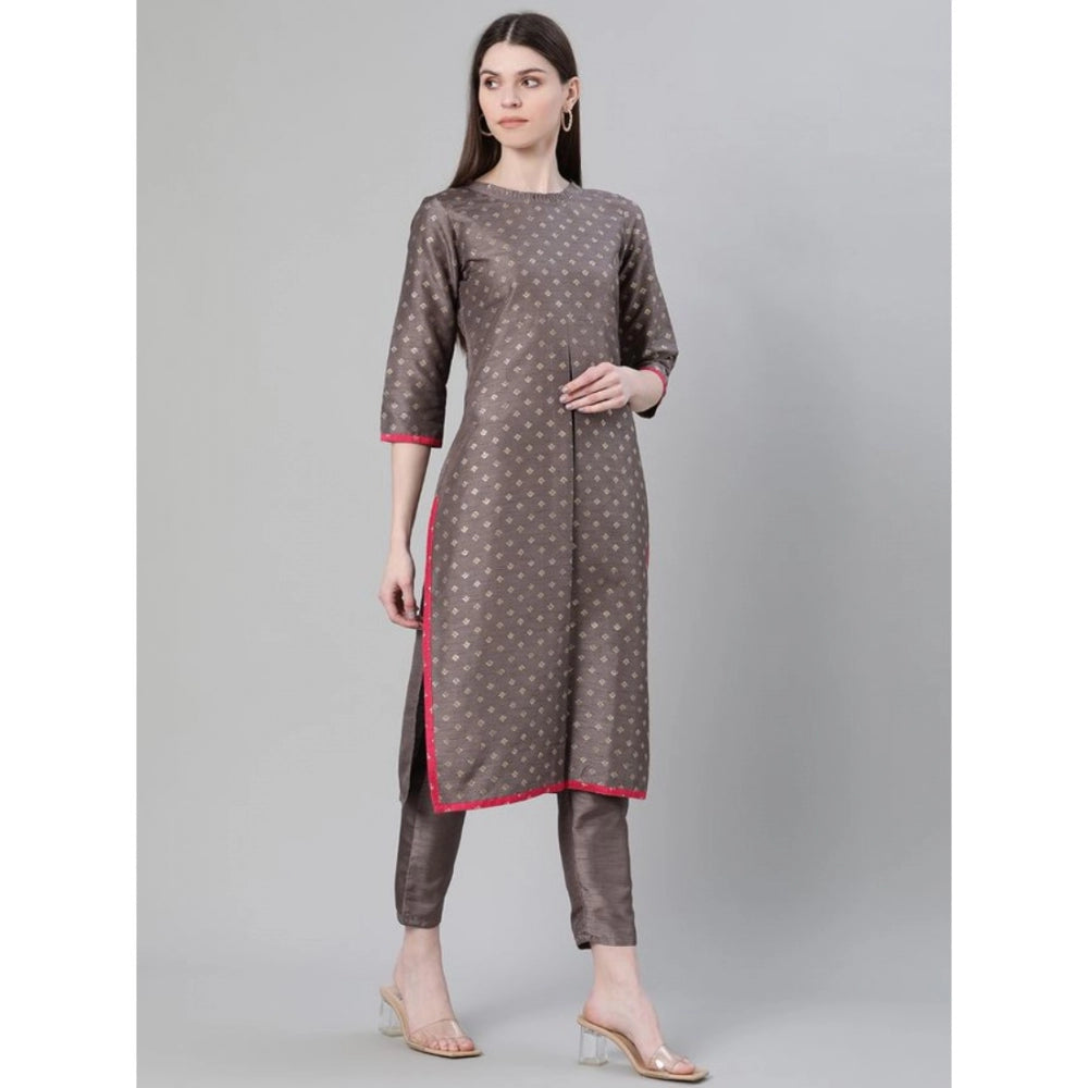 Amfyn Women's Casual 3-4Th Sleeve Ethnic Motifs Poly Silk Kurti And Pant Set (Grey)